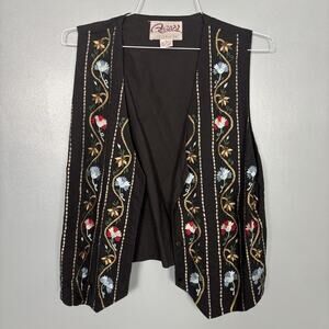 Vintage 90’s AGAPO Women’s Floral Embroidered Vest Large 100% Cotton Black